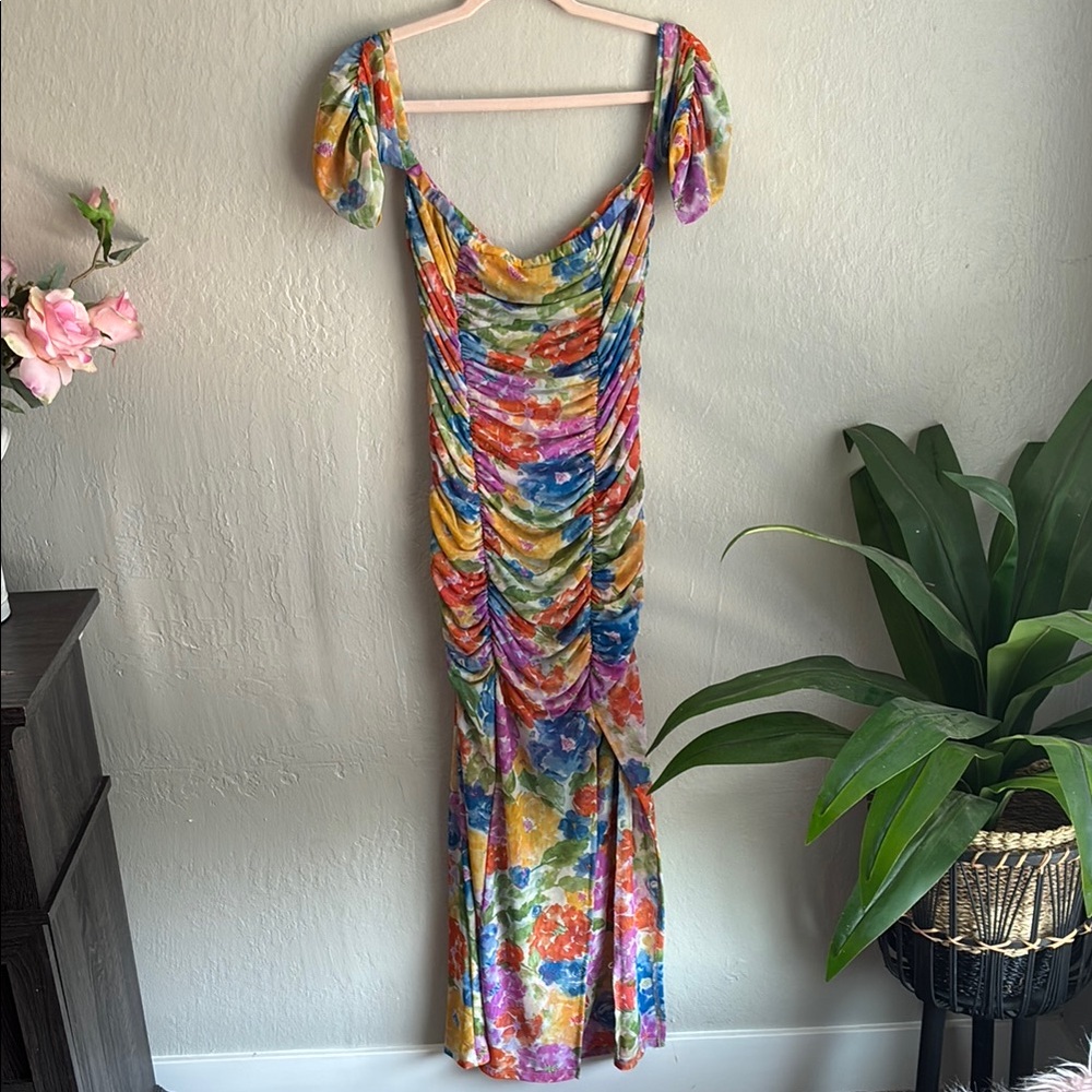 Colorful floral print mesh maxi dress